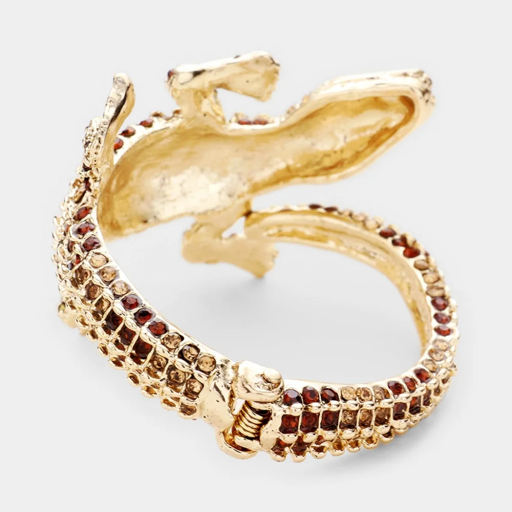 Brown Rhinestone Alligator Crocodile Cuff Bracelet Reptile Bling Jewelry
